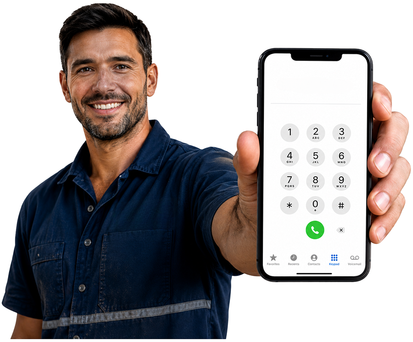 Ashfield Blocked Drains plumber holding a phone — call 1300 261 965