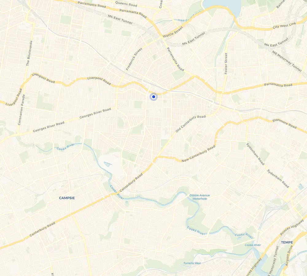 Map of the Ashfield service area and the surrounding Inner West, showing Ashfield and the nearby streets we cover.