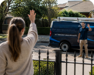 Customer waving goodbye to a Ashfield Blocked Drains plumber